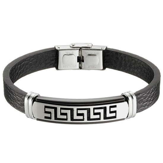 Sequoia Ανδρικό ατσάλινο  βραχιόλι 316L με δέρμα PU -00433