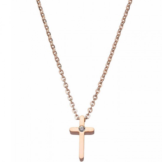 Sequoia Γυναικείος Ατσάλινος Rose Gold Σταυρός με Ζιργκόν με αλυσίδα