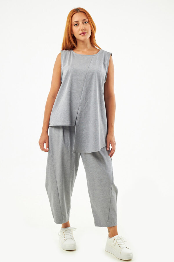 Sequoia Μοντέρνο Γυναικείο Oversize Σετ Ασύμμετρη Αμάνικη Μπλούζα με Παντελόνι 33-41096 Γκρι