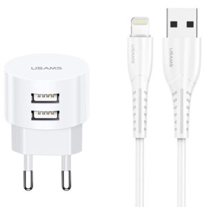 USAMS φορτιστής τοίχου T20 & καλώδιο type-C, 2x USB, 2.1A, λευκός