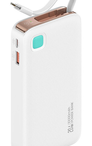 USAMS power bank CD224 με καλώδιο USB-C, 2x θύρες εξόδου, 10000mAh, 20W, λευκό