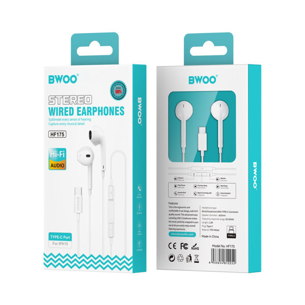 BWOO HF175 ενσύρματα ακουστικά με μικρόφωνο, USB-C, λευκά