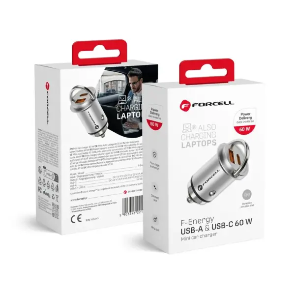 FORCELL F-ENERGY μίνι φορτιστής αυτοκινήτου Type C + USB A, PD, QC3.0, 5A, 60W, ασημί