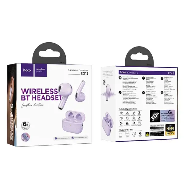 HOCO EQ15 ασύρματα ακουστικά bluetooth TWS, μωβ