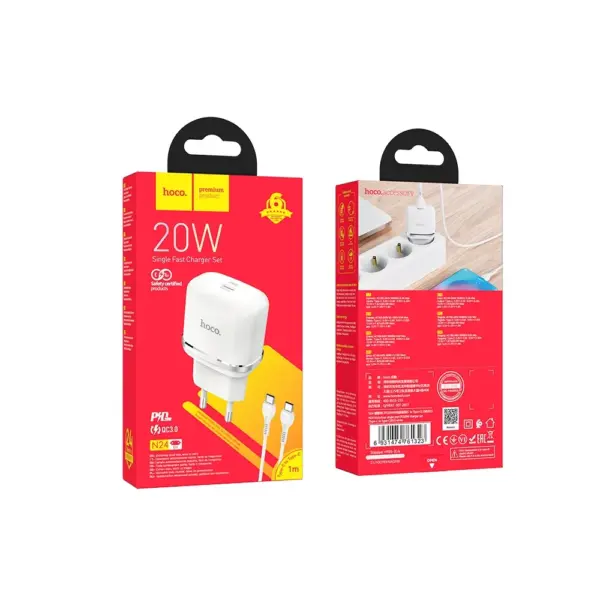 HOCO N24 φορτιστής ταξιδίου Type C + cable Type C σε Type C, PD QC3.0 20W, λευκό