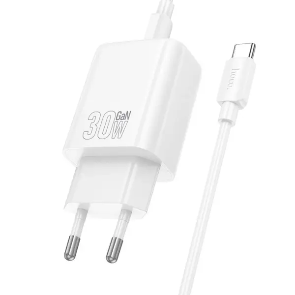 HOCO N63 φορτιστής ταξιδίου USB A + Type C + καλώδιο Type C σε Type C PD QC3.0, 3A, 30W, λευκό