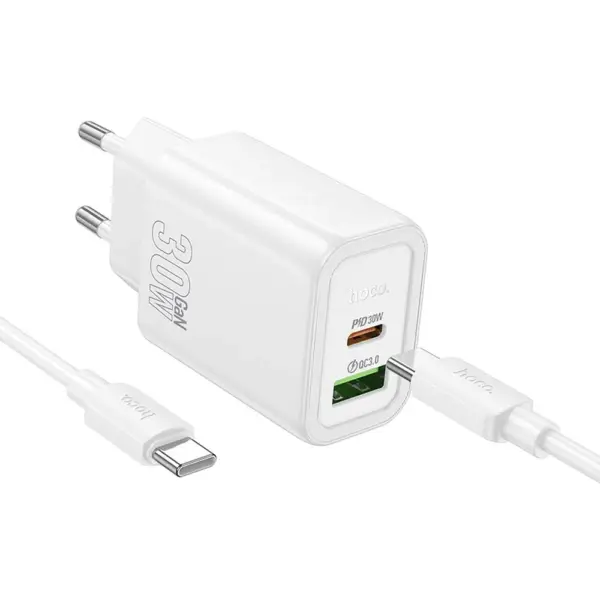 HOCO N63 φορτιστής ταξιδίου USB A + Type C + καλώδιο Type C σε Type C PD QC3.0, 3A, 30W, λευκό