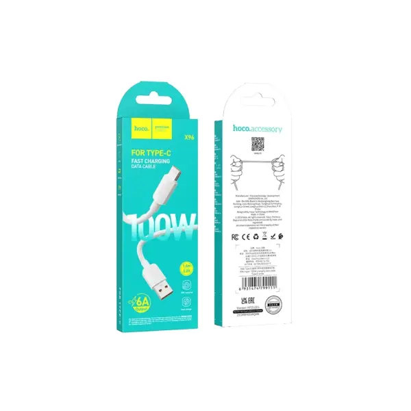 HOCO X96 καλώδιο USB-A to Type-C PD, 6A, 100W, 1m, λευκό