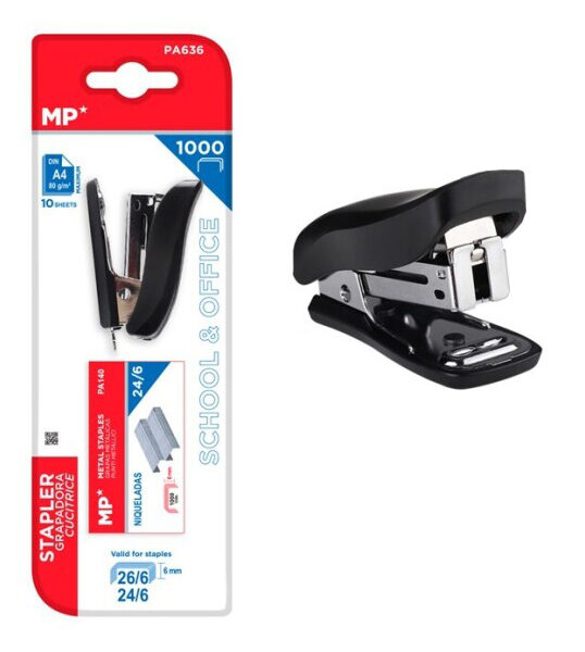 MP mini συρραπτικό με ανταλλακτικά PA636, 24/6-26/6, 10 φύλλα, μαύρο