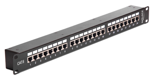 DELOCK patch panel 43295, 19"/1U, CAT 6, 24x coupler RJ45 ports, μαύρο