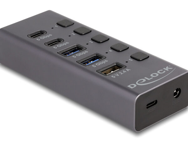 DELOCK USB hub 64248 με διακόπτες, 5x θυρών, 5Gbps, USB/USB-C σύνδεση, γκρι