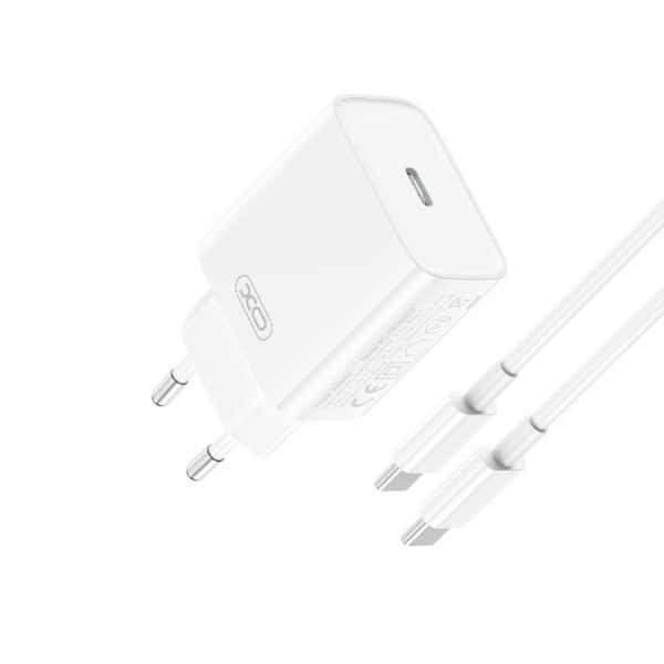 XO CE15 φορτιστής ταξιδίου 1x USB-C + καλώδιο USB-C σε USB-C, PD 20W, λευκό