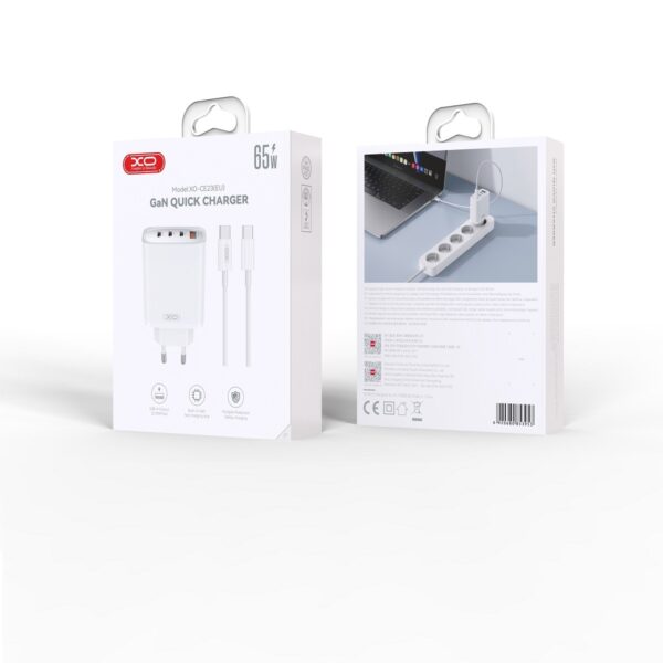 XO CE23 φορτιστής ταξιδίου 3x USB-C + 1x USB + καλώδιο USB-C σε USB-C, PD 65W, λευκό