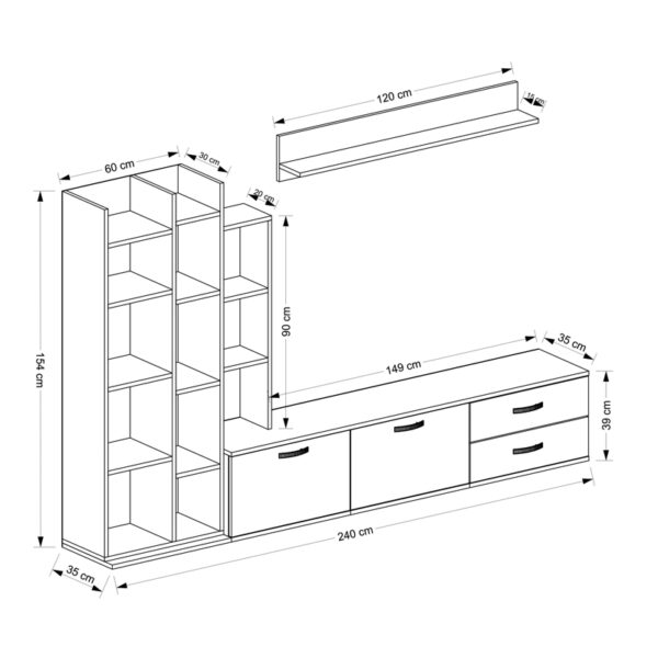 Σύνθετο σαλονιού Leman pakoworld σε λευκή-oak απόχρωση 240x35x154εκ