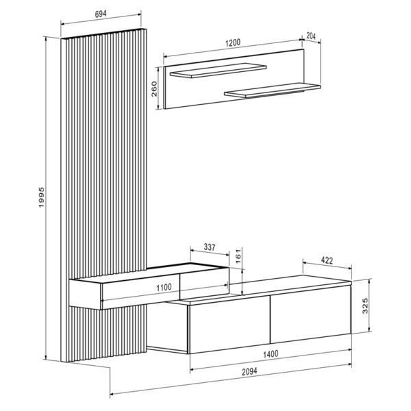 Σύνθετο σαλονιού Litende pakoworld sonoma-λευκό μελαμίνης 210x42x199.5εκ