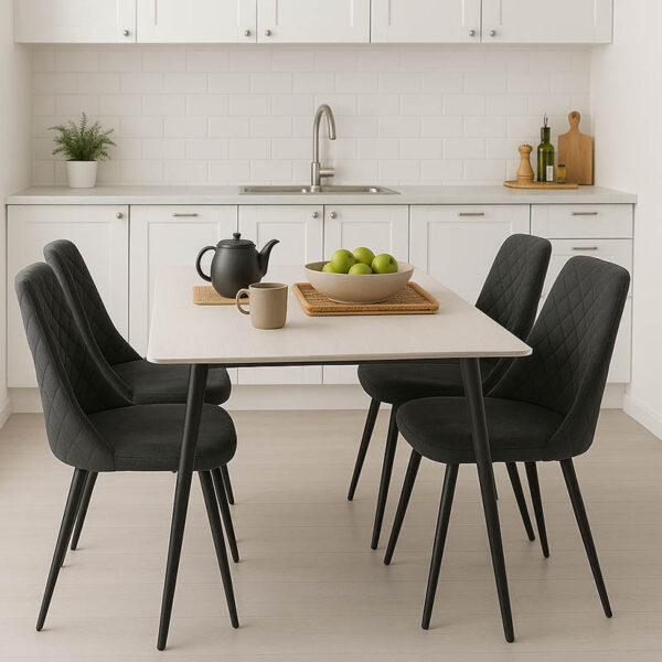 Τραπεζαρία Gustas-Giselle pakoworld σετ 5τεμ λευκό μαρμάρου sintered stone-βελούδο μαύρο 120x60x75εκ