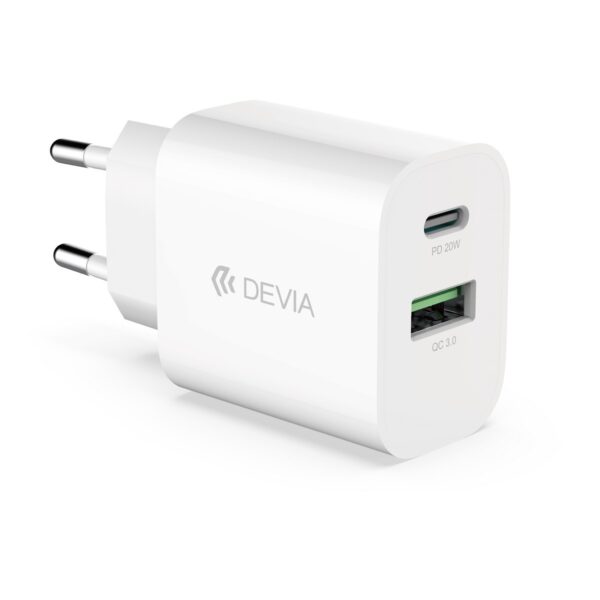 Devia RLC-389 φορτιστής ταξιδίου, 1x USB-C + 1x USB, PD 20W, λευκό