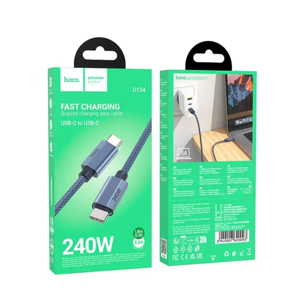 HOCO U134 καλώδιο Type-C σε Type-C, PD QC3.0, 5A 240W, 1,8μ, μπλε