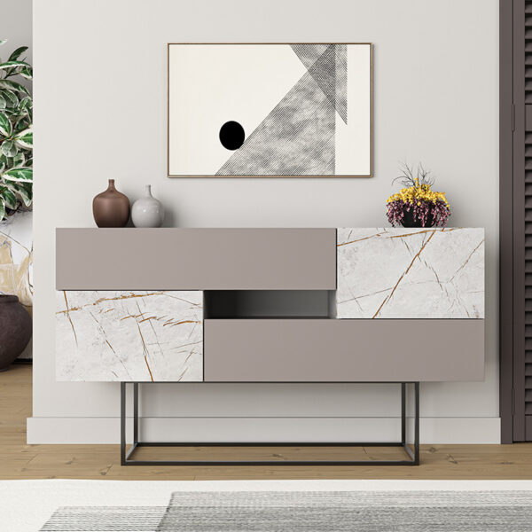 Μπουφές Roberta pakoworld μόκα με γκρι-μπεζ μαρμάρου 145x40x82εκ