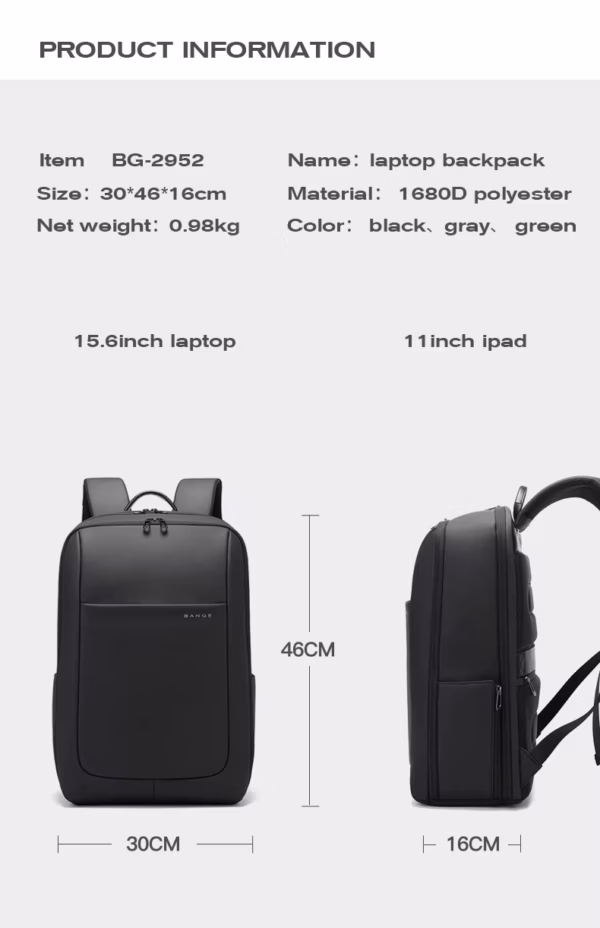 Σακίδιο πλάτης laptop με USB 22L 15,6” Bange 2952 μαύρο