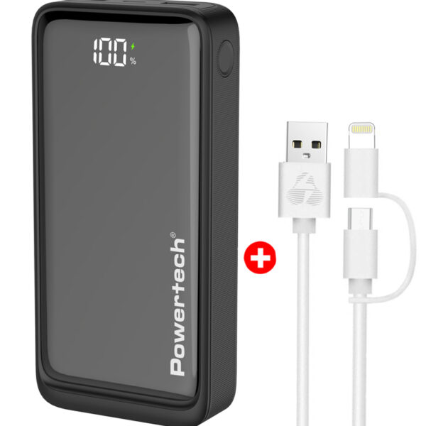 POWERTECH power bank με οθόνη & καλώδιο USB σε Micro/Lightning BNDL-0196, 20000mAh