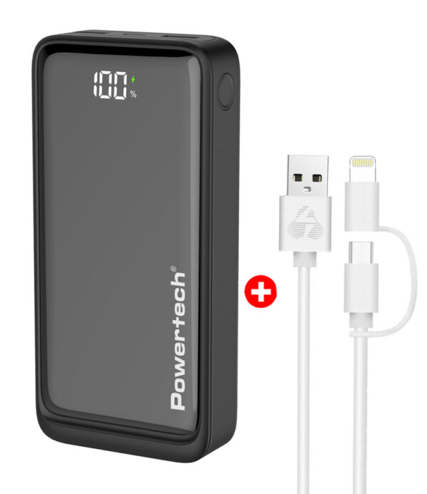 POWERTECH power bank με οθόνη & καλώδιο USB σε Micro/Lightning BNDL-0196, 20000mAh